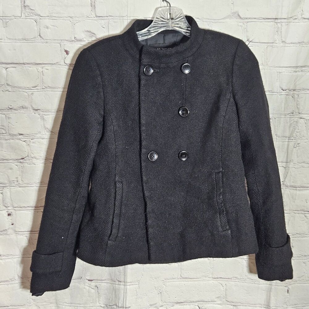Ann Taylor Wool Coat L Ruffle Trim  Women’s XS Double Breasted Peacoat Romantic